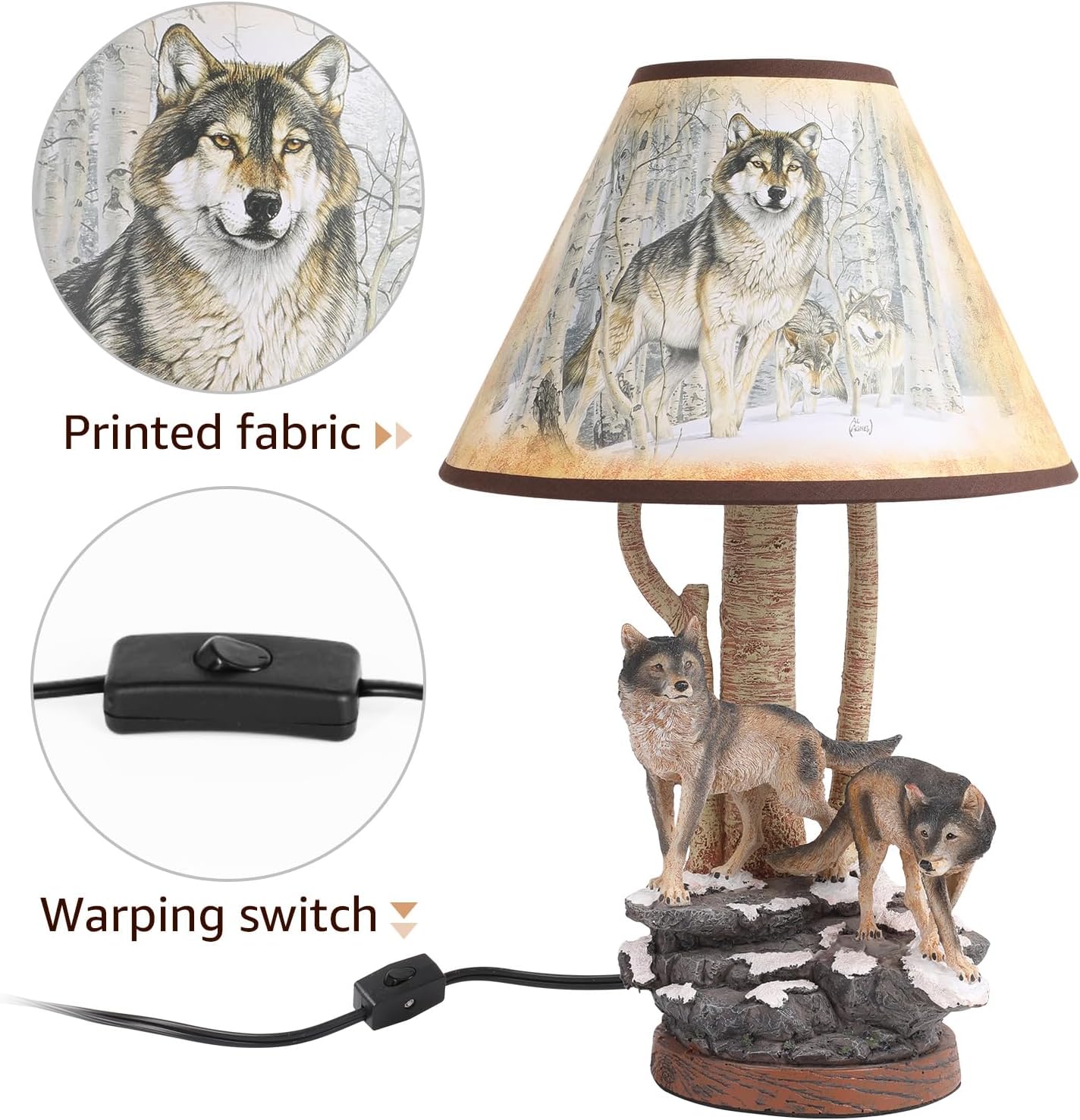 Forest Wolf Table lamp, Wildlife Side Table Lamp, Tradition Decor with lampshade (Includes Bulb), Nightlight for Cottage, Wooden Base for Bedside Table lamp, Rustic Farmhouse (Two Wolf)