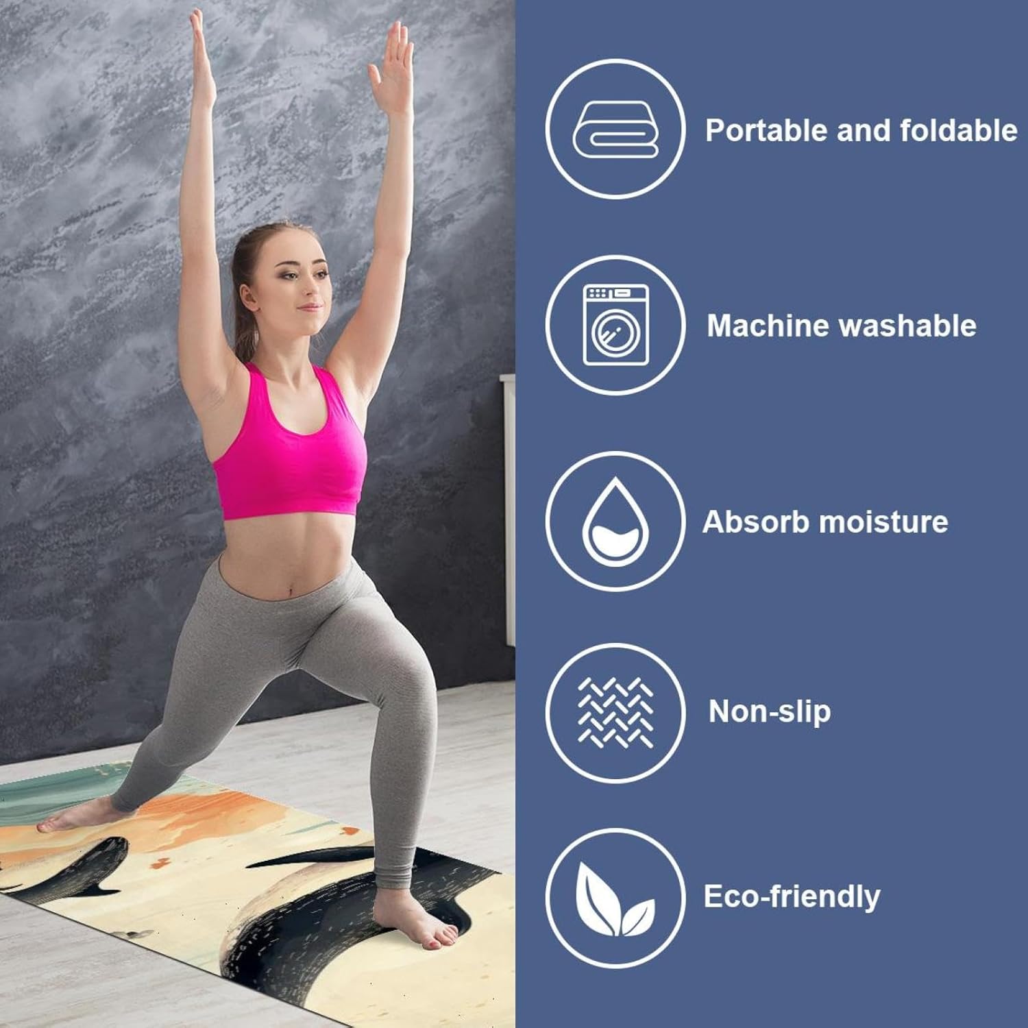 Yoga Towel, Whale Sea Pattern Non Slip Sweat Absorbent Hot Yoga Mat Towel for Hot Yoga, Pilates and Fitness - 72.8" x 26.8"