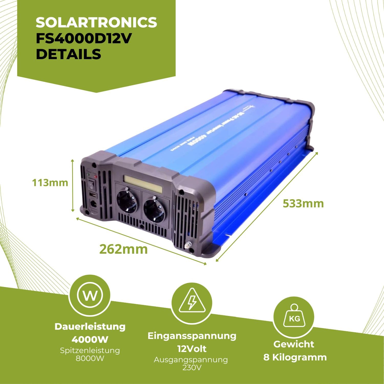 solartronics Przetwornica napięcia FS4000D 12 V 4000 W Czysty sinus niebieski m. Wyświetlacz falownik inwerter