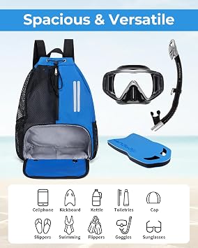 Swim Bag Mesh Drawstring Backpack with Shoe Compartment & Wet Pocket Waterproof Beach Backpack Pool Bag for Swimming, Gym, Travel and Workout Gear (Blue)