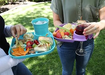 Reusable Plastic Plates for Parties with Built-In Cup Holder - Set of 6 Party Plates and Cups for Kids or Adults for Tailgating BBQ Camping Picnics (Brights, Square)