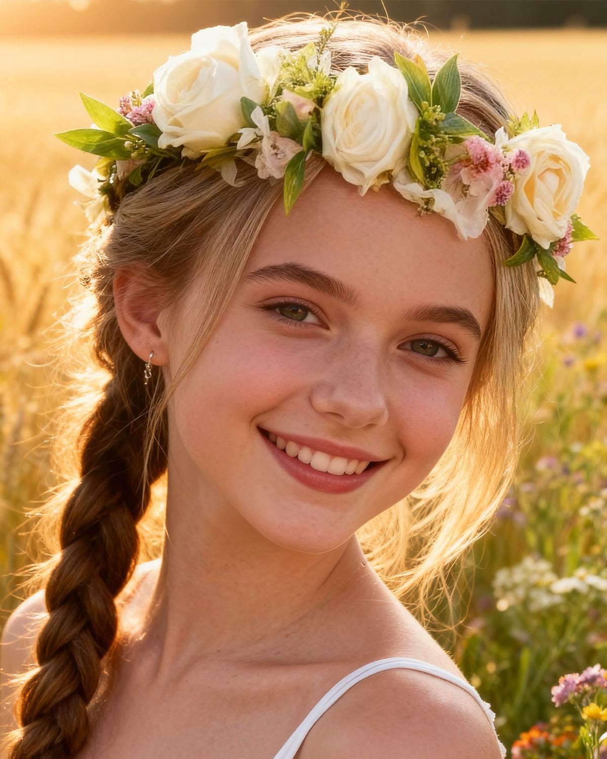 Rose Flower Crown Headband Floral Headpiece Handmade Pink Flower Headbands for Wedding Festival Renaissance Birthday Party Bride Photo Accessories (Cream)