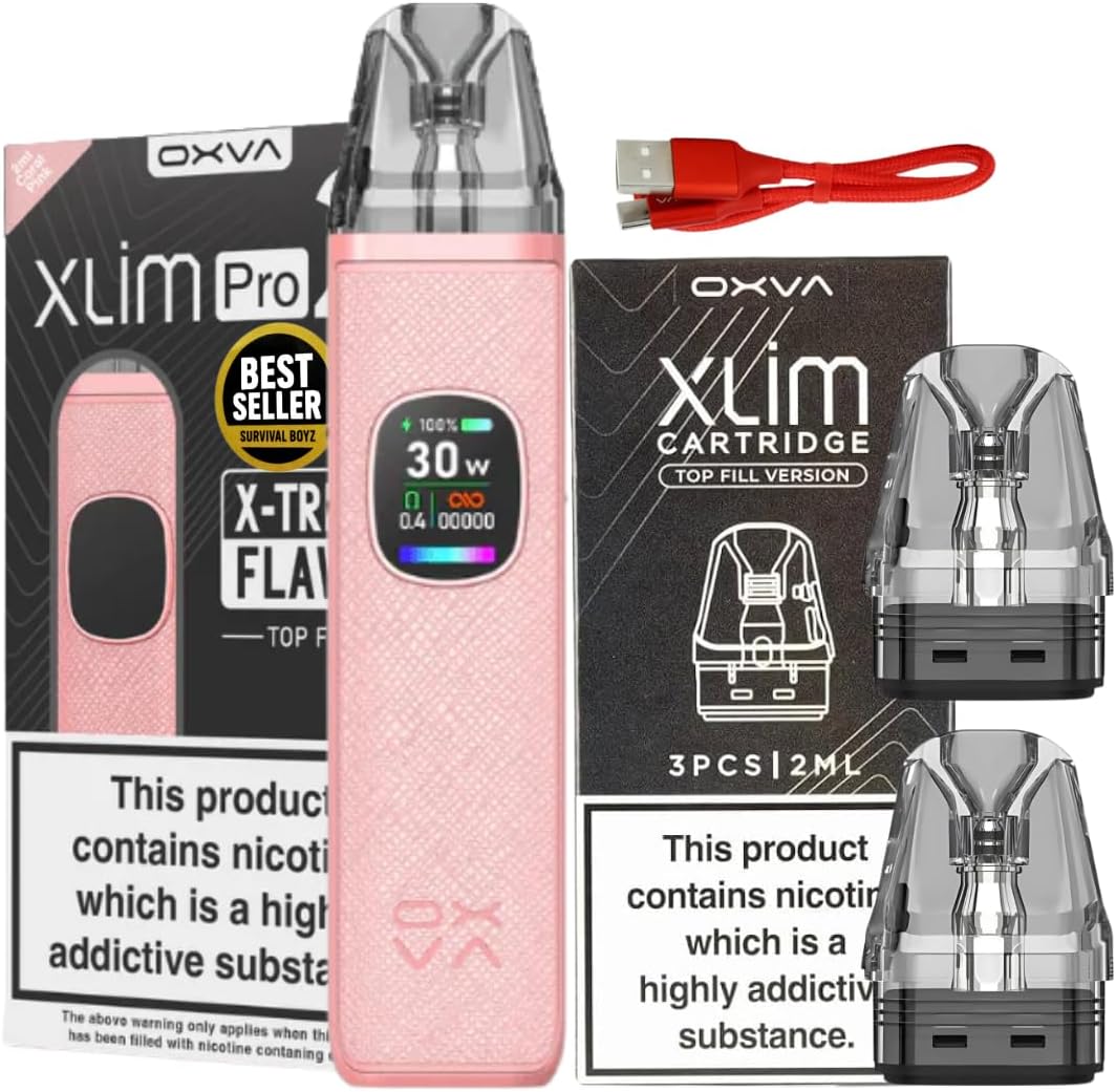 Oxva Xlim Pro 2 Pod Kit [Coral Pink + 3 Pack Xlim Pods 0.6] - Available in 24 colours, 2A Fast Charge, 1300mAh Battery, 0.56" Ultra-HD Color Screen - No Nicotine