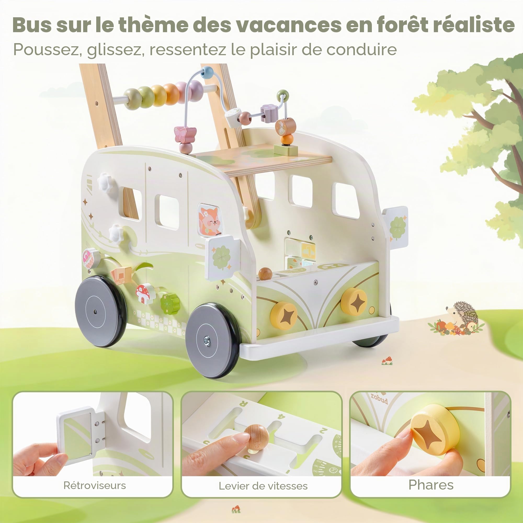 ROBOTIME Poussette d'apprentissage en bois multifonctionnelle avec réglage de la hauteur et contrôle de la vitesse, cadeau pour les tout-petits de 10 à 36 mois (animaux de la jungle vert)