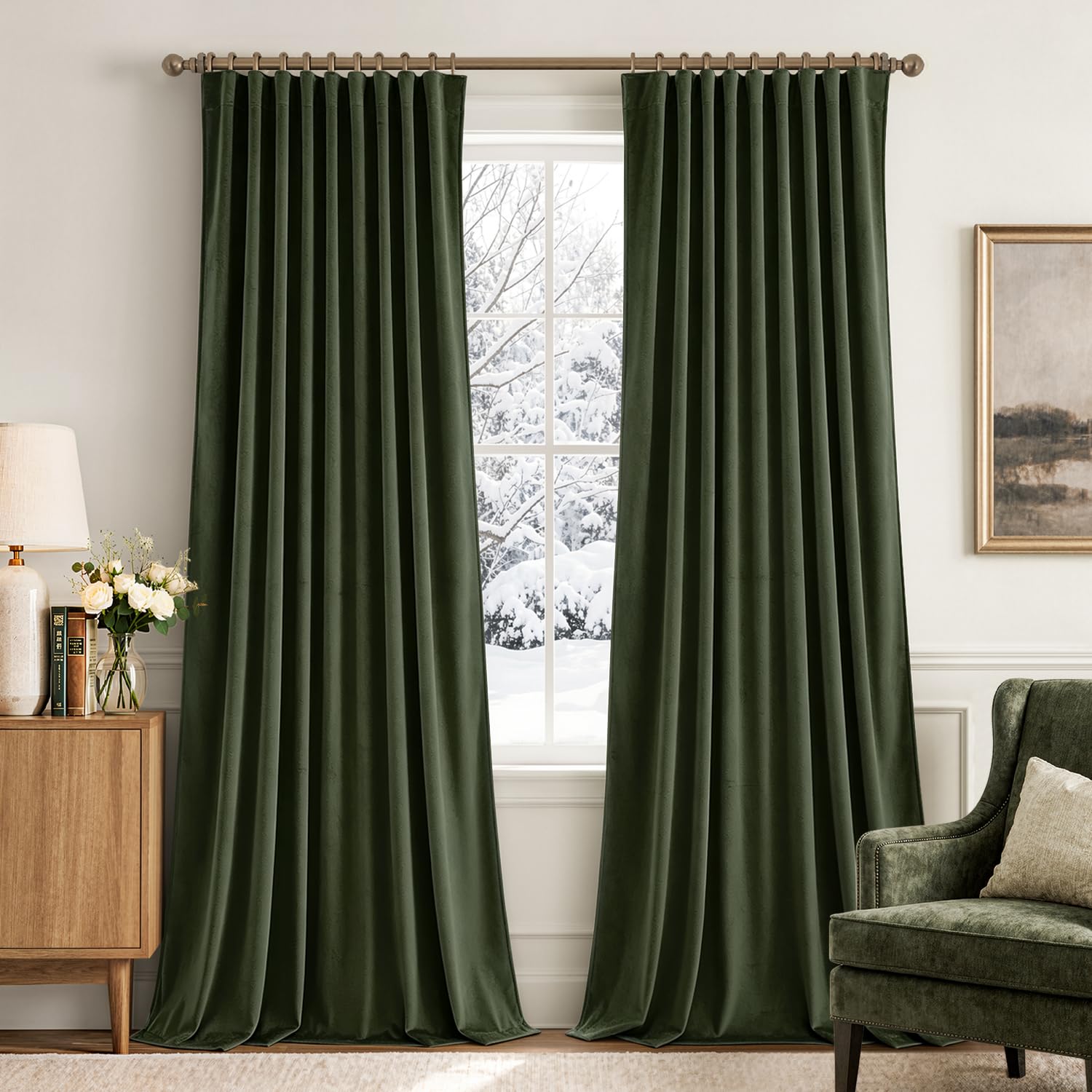 MIULEE Olive Velvet Back Tab Blackout Curtains W52 X L90 Inches