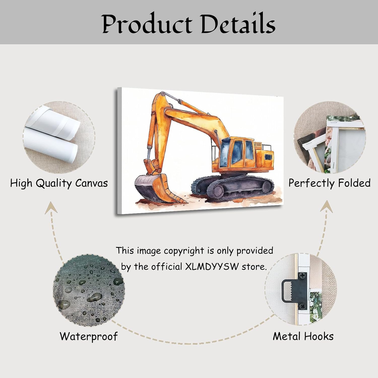 XLMDYYSW Construction Truck Canvas Wall Art Excavator Nursery Pictures Digger Posters Prints Boys Room Paintings for Bedroom Kids Room Playroom Decor Framed (Yellow, 20L x 30W)