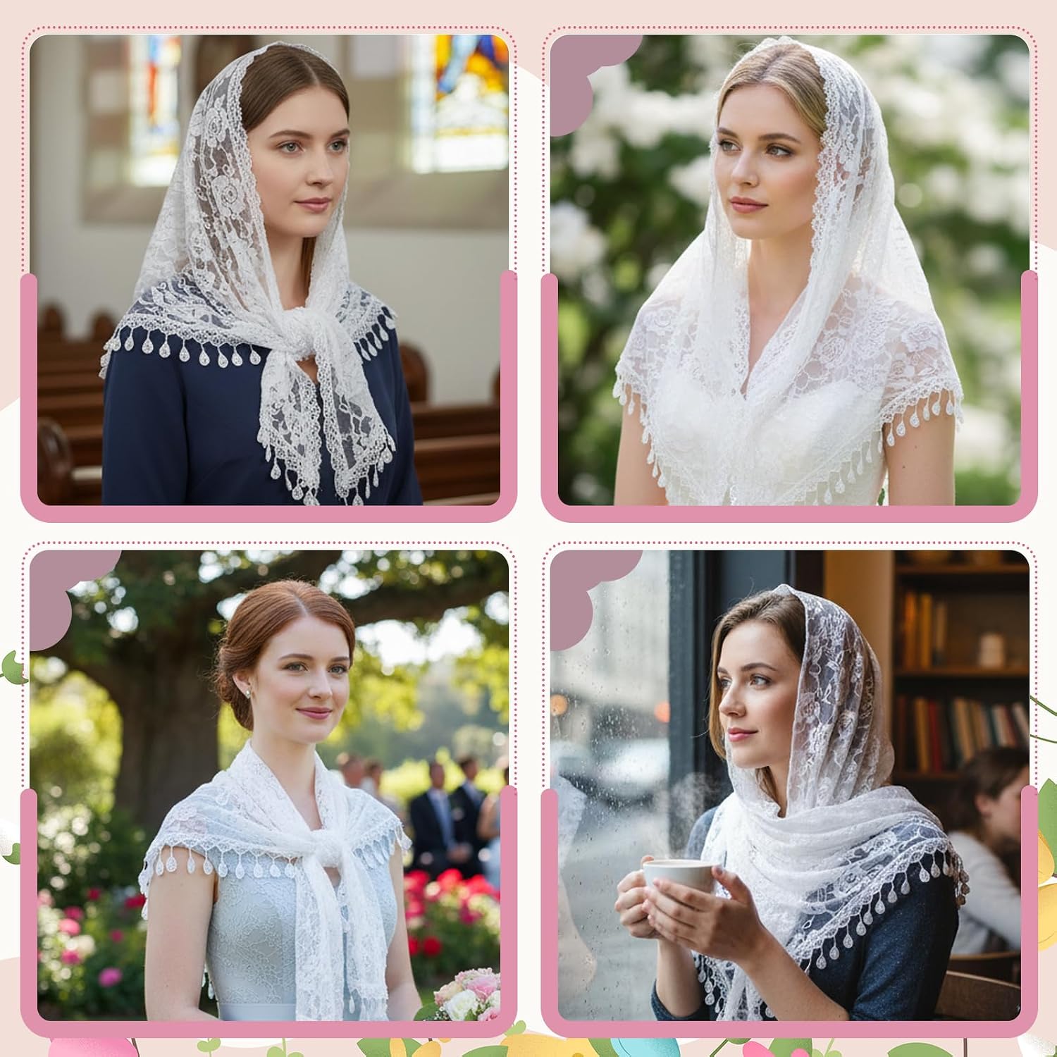 Larrel Lace Mantilla Veil, Elegant Lace Head Scarf for Weddings, Triangle Women Head Covering with Floral Pattern for Church Wedding Special Occasions