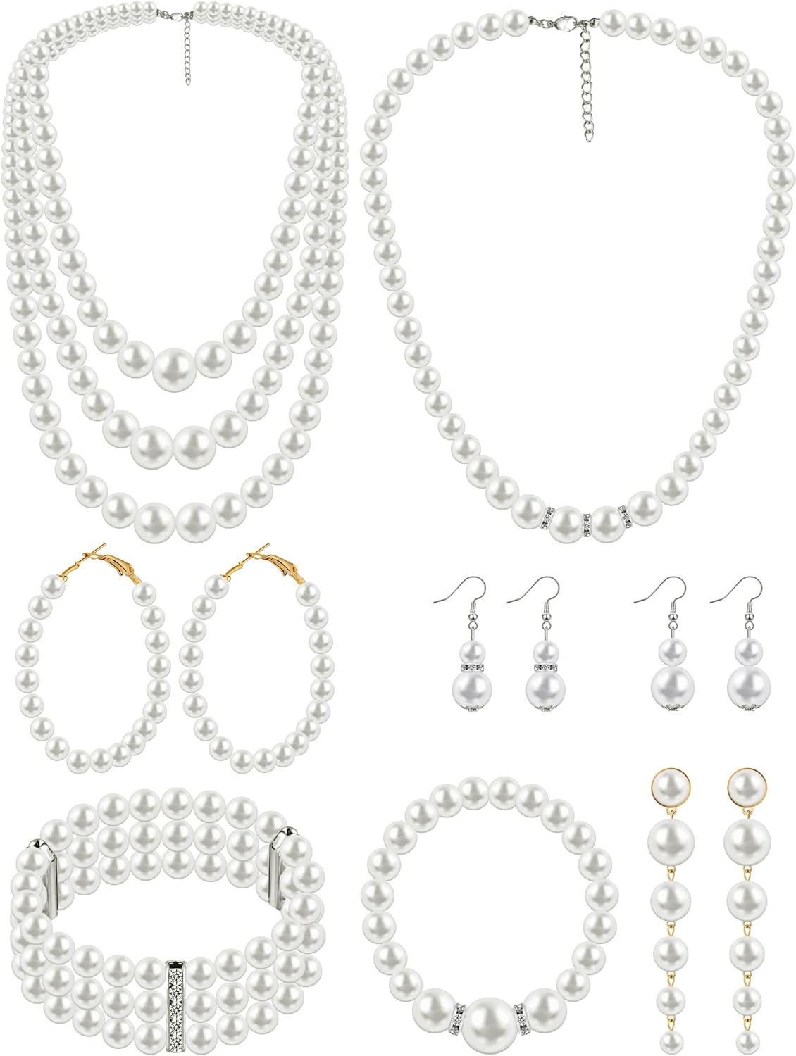 BBTO 8 Pcs Pearl Necklace and Earring Set for Women Faux Pearl Bracelet Costume Jewelry Set for Wedding Bridal Shower Party