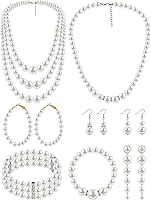 BBTO 8-Piece Faux Pearl Necklace Earring Bracelet Set for Women - Wedding Bridal Shower Party Jewelry