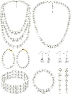 BBTO 8-Piece Faux Pearl Necklace Earring Bracelet Set for Women - Wedding Bridal Shower Party Jewelry