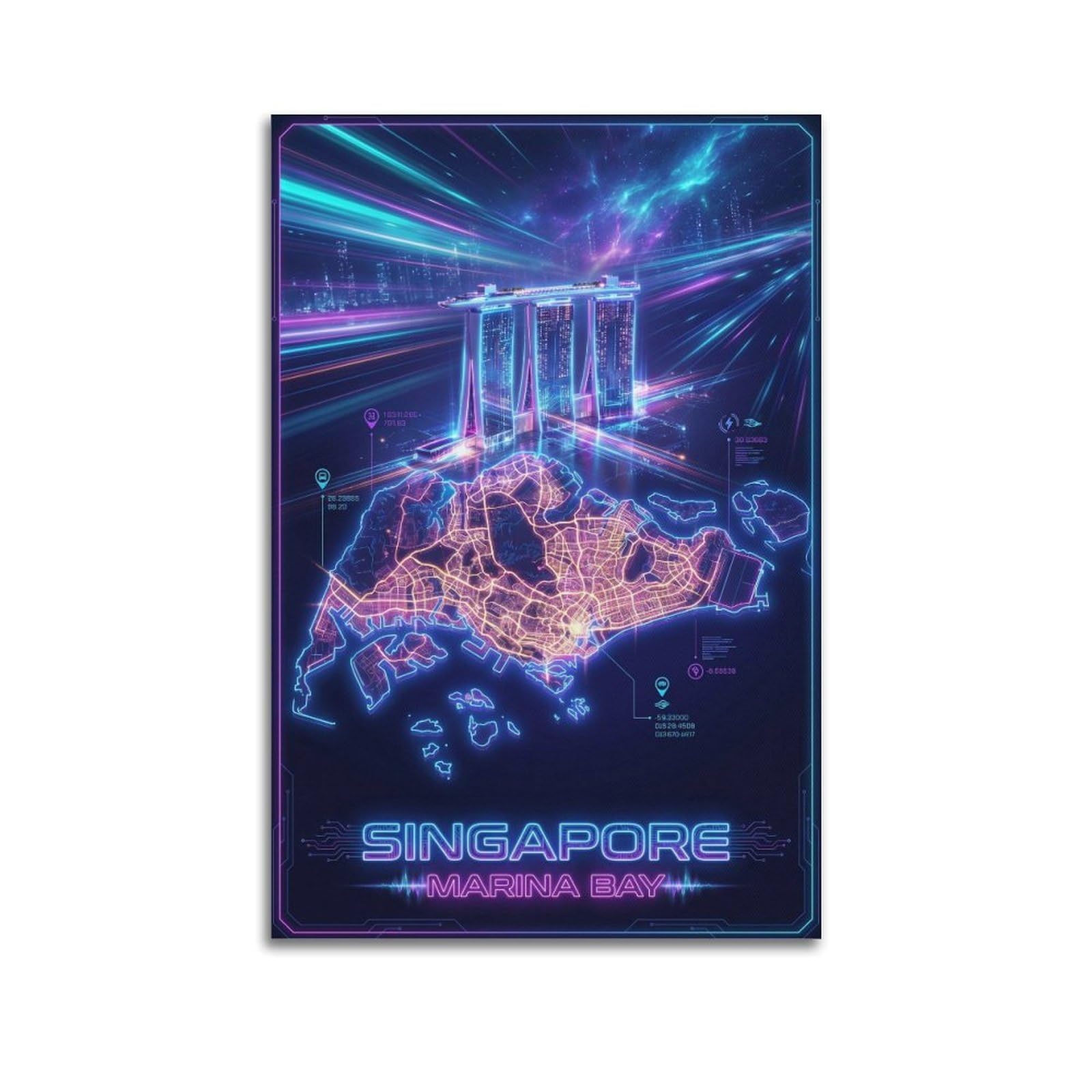 XKUGA Cyber Neon Singapore City Map Poster Modern Decorative Canvas Prints - Ideal Wall Art for Family, Man Cave, Game Room, Boys & Girls Bedroom 24x36inch(60x90cm)