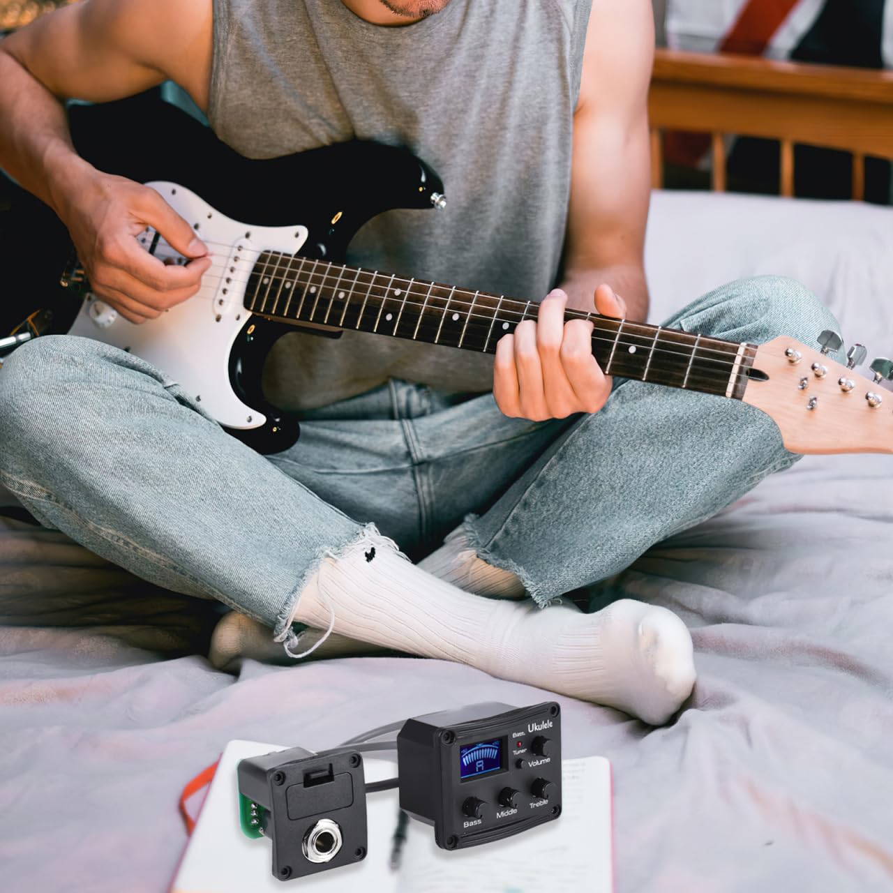 Kisangel Ukulele Piezo Tonabnehmer mit Band-EQ Equalizer & LCD-Display Tuner - Präzise Stimmung für Lauträume, Batteriestandsanzeige & Digitales Tuning