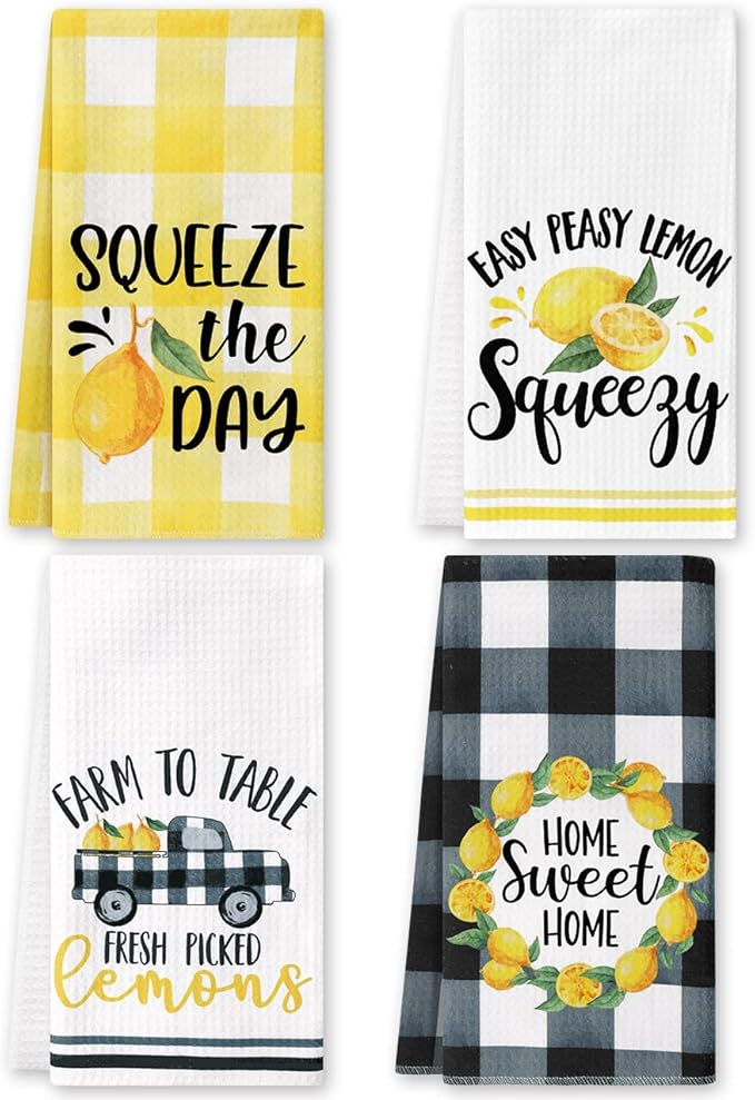 Vansolinne Lemon Kitchen Towels Lemonade Summer Tea Towels Yellow Black Buffalo Plaid Squeeze The Day Farmhouse Absorbent Dishcloths for Cleaning Drying Cooking Baking Set of 4
