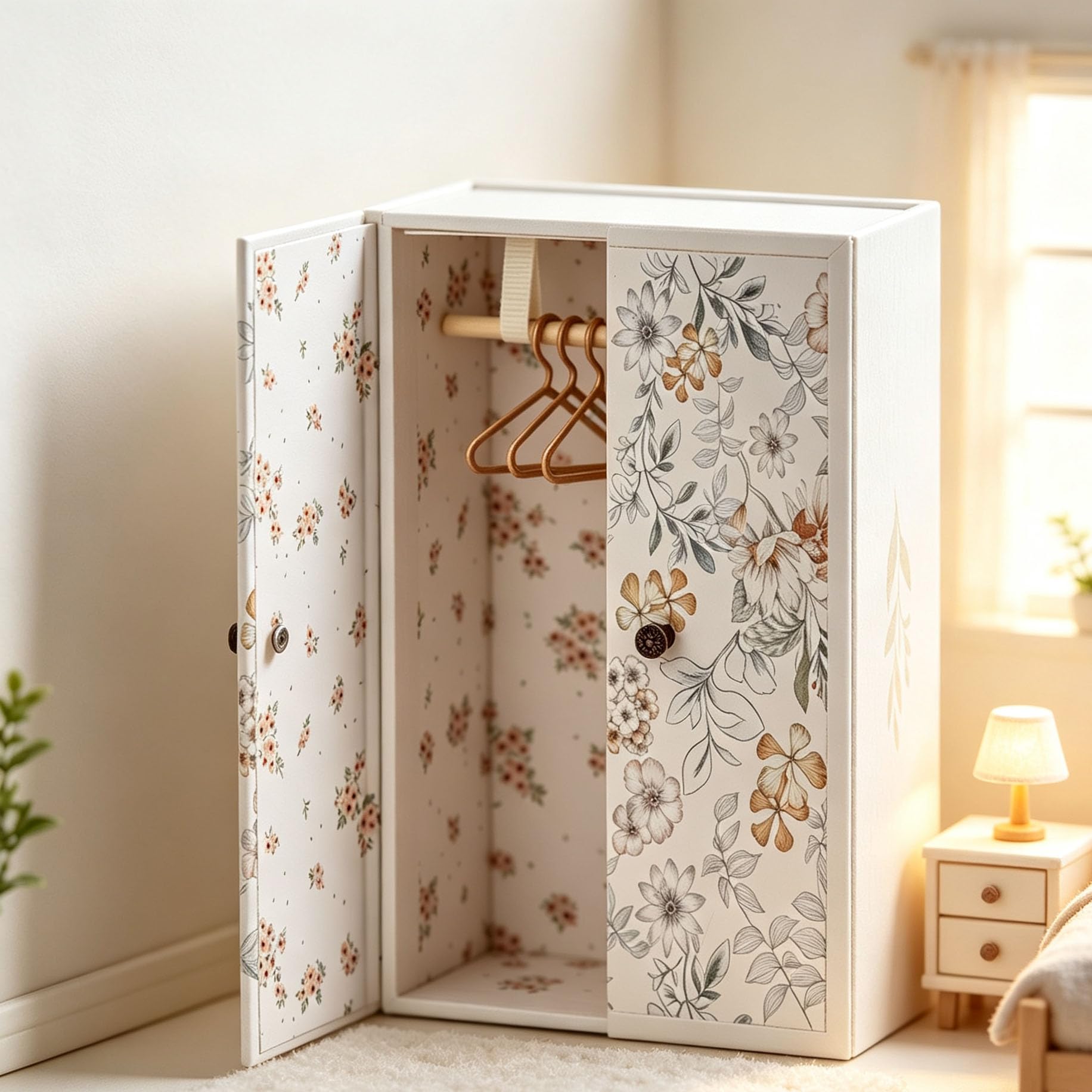Photo 1 of 1:12 Dollhouse Wardrobe Closet,Miniature Flower Pattern Wardrobe Furniture