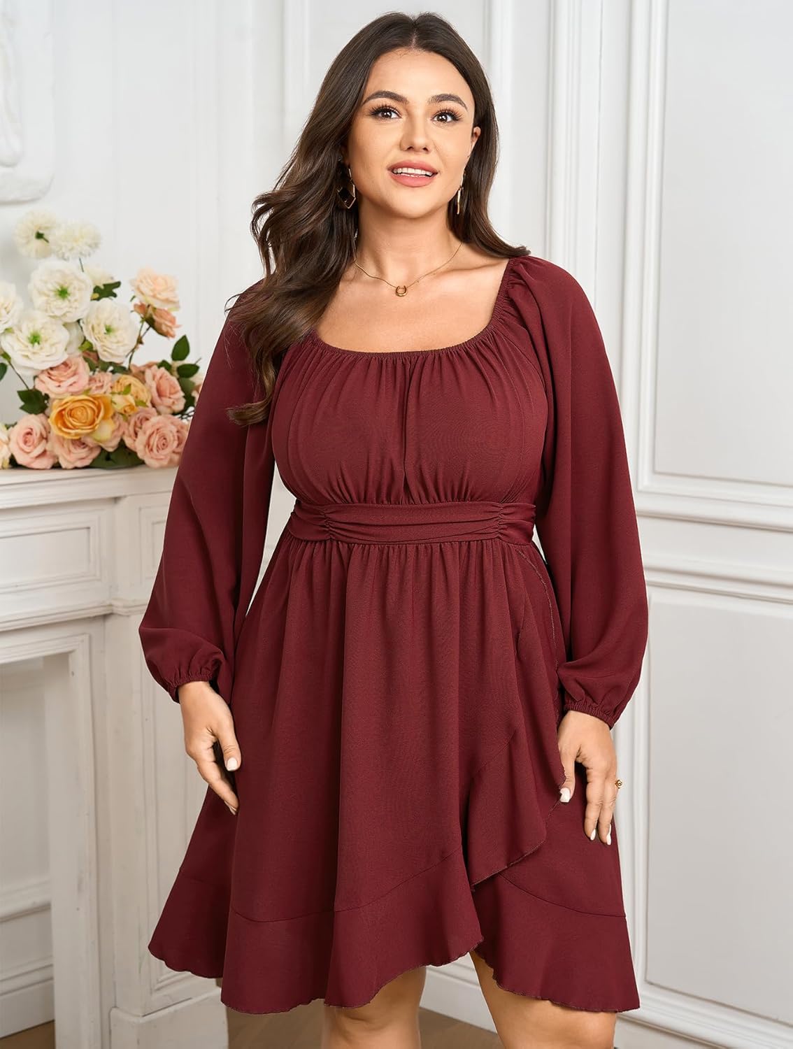 SCOMCHIC Women Plus Size Fall Dresses Long Sleeve Square Neck Ruffle Hem Flowy A-Line Cocktail Wedding Guest Mini Short Dress - Image 4