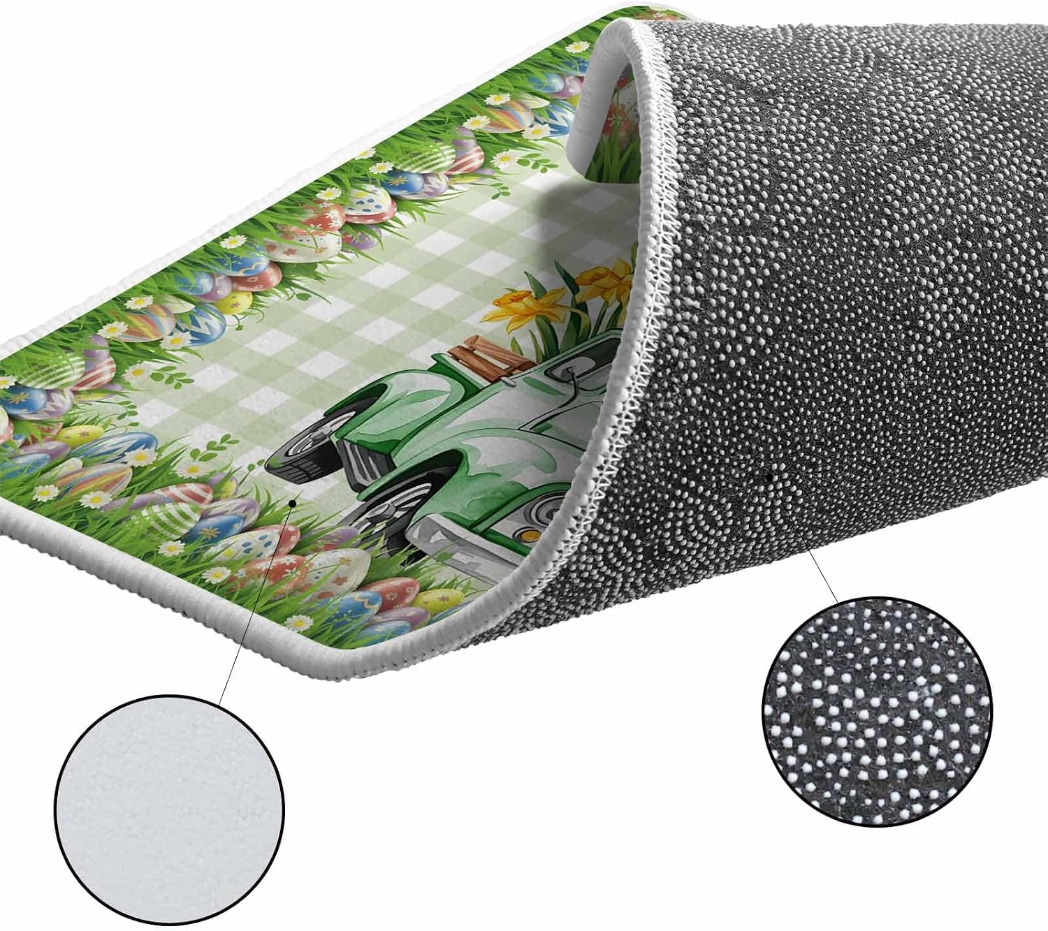 Easter Bunny Kitchen Rugs and Mats Set of 2, Non-Slip Kitchen Sink Mat, Spring Trucks Easter Eggs Floral Green Plaid Washable Doormat Bathroom Rugs Runner for Bedroom 15.7"x23.6"+15.7"x47.2"