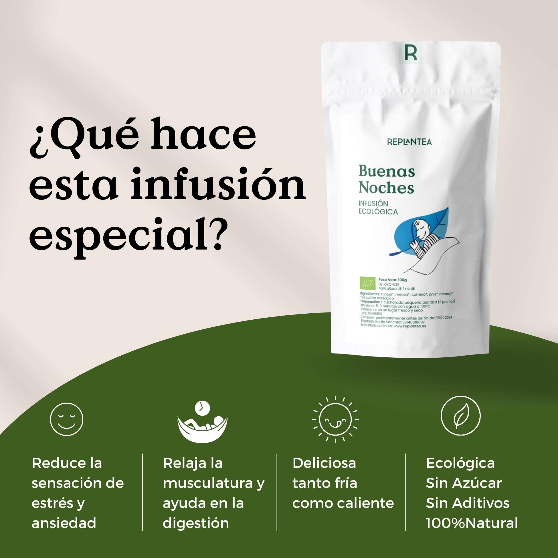 INFUSION PARA DORMIR Buenas Noches 100% Ecológica 100g (50 Tazas) | INFUSION DE MELISA con Hinojo, Anís, Naranja Orgánicos REPLANTEA®