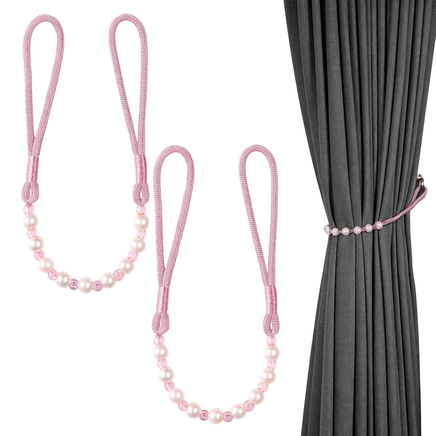 GAZIL 2 Pack Pearl Curtain Tie Backs Pink, Decorative Curtain Tiebacks Curtain Holder Rope Tie Backs for Curtains Curtain Holdbacks for Home Office Window Drapes