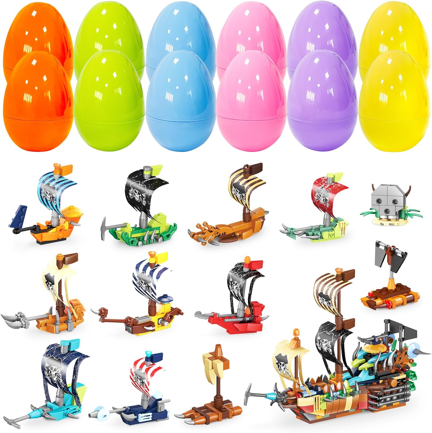 PARSUP 12 Pack Easter Plastic Eggs with Pirate Ship Building Blocks for Easter Theme Party Favors, Supplies for Easter Egg Hunt, Basket Stuffers/Fillers, Classroom Prize Supplies Toddler Boys Girls