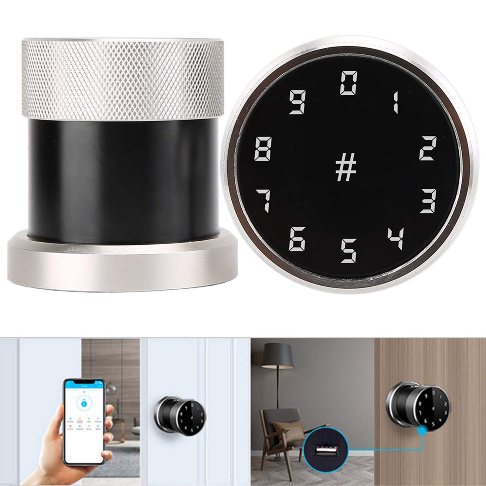 Cyfrowy zamek do drzwi Bluetooth, czytnik kart i zabezpieczenie hasłem, inteligentne sterowanie aplikacją, konstrukcja srebrnej kuli, ulepszona ochrona domu