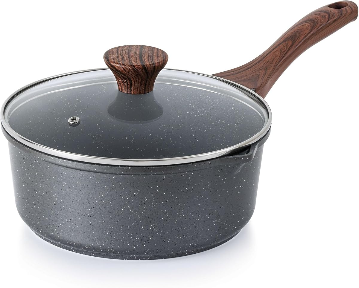 SENSARTE Cacerola antiadherente de 3 cuartos con pico vertedor doble | Revestimiento de granito suizo, compatible con inducción, mango que permanece fresco, sin PFOA/PFOS