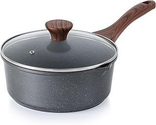 SENSARTE 3 Quart Nonstick Saucepan with Double Spout & Lid - Swiss Granite Coating, Induction Compatible, PFOA-Free