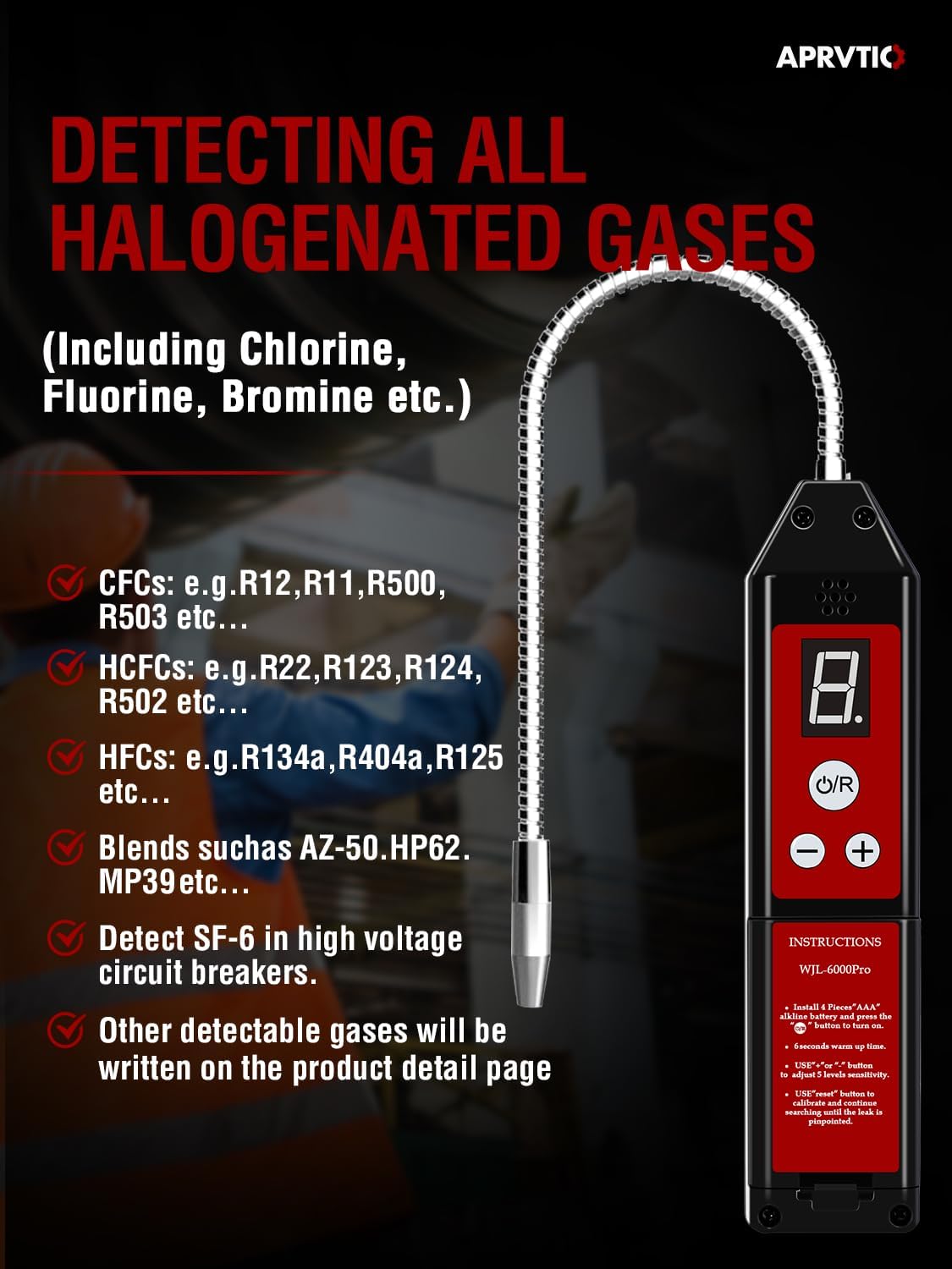 Aprvtio WJL-6000PRO detecting various halogenated gases including CFCs, HCFCs, HFCs, and blends.