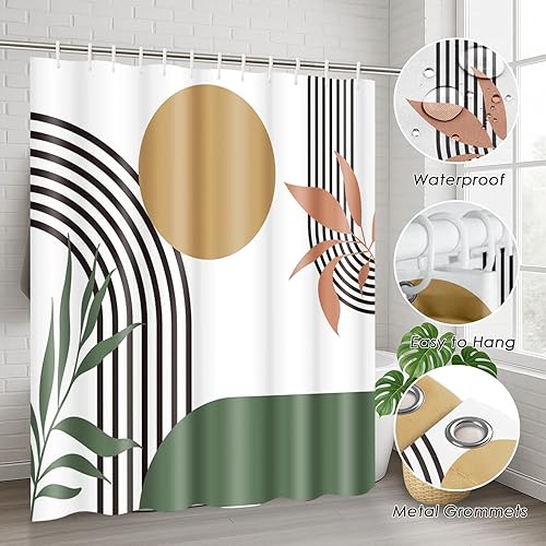 Miniatura 6 de Juego de Cortina de Ducha Boho de Mediados de Siglo con Tapa de Inodoro y Alfombras Antideslizantes, Verde Abstracto 4 Piezas Cortina de Ducha Boho