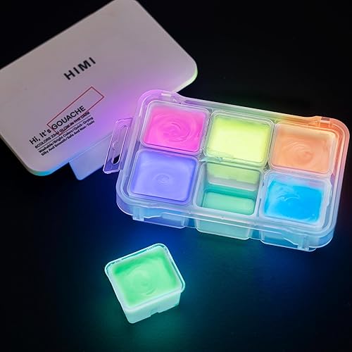 HIMI Glow in The Dark Jelly Gouache Paint Set, 6 Colors 23ml, Jelly Cup Design, Travel carry, Non Toxic Paint for Canvas and Paper, Art Supplies for Professionals - Glow in the dark