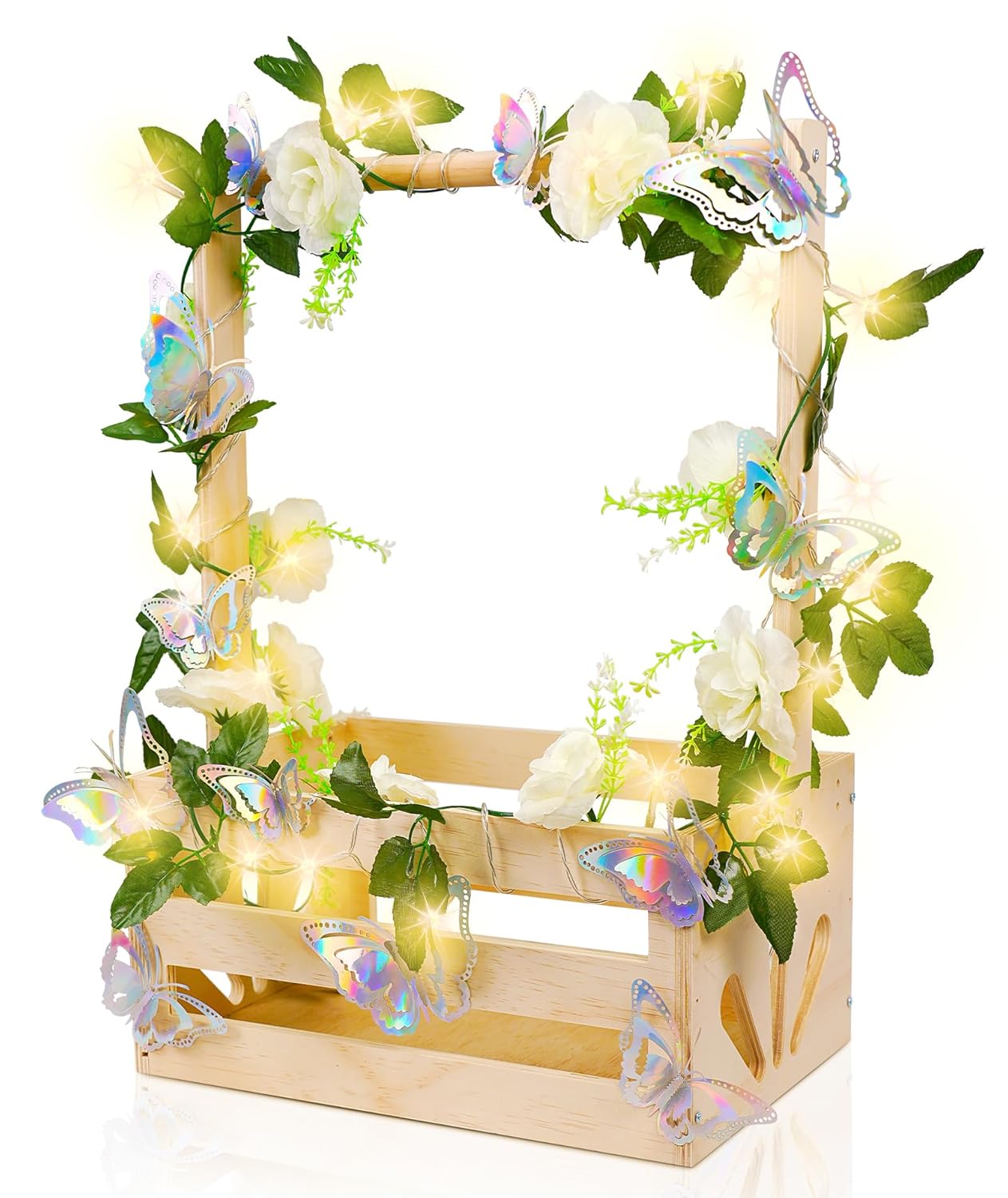 Wooden Baby Shower Crate Closet-Baby Shower Basket with String Lights Butterfly Welcome Gift Basket Wooden Crate for Baby Gift Basket Newborn Boys Girls Pregnancy Gifts-Small Baby Shower Gifts L-13.5"