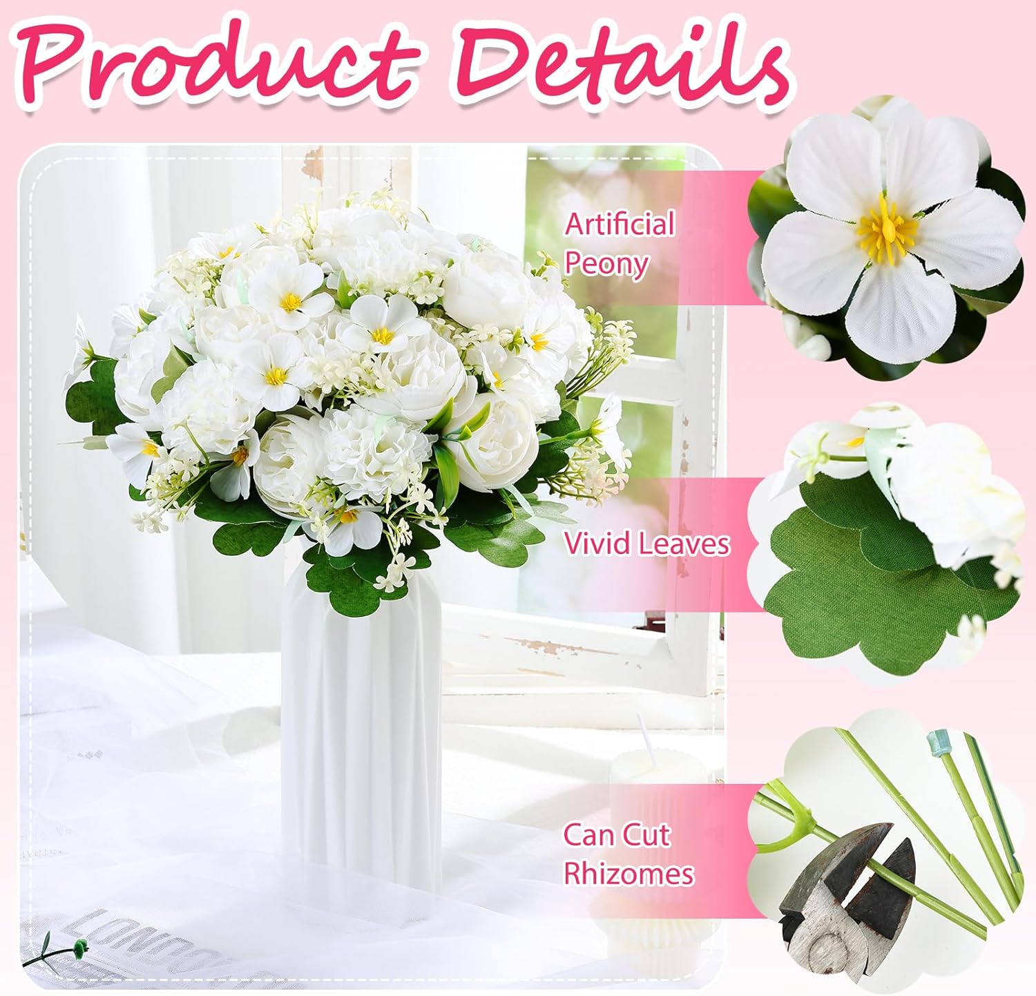 Olgaa 12 Bundles Peonies Artificial Flowers Fake Hydrangea Silk Peony Bouquet Bulk for Vase Floral Arrangements Wedding Arch Decor Centerpiece Table Decorations (White)