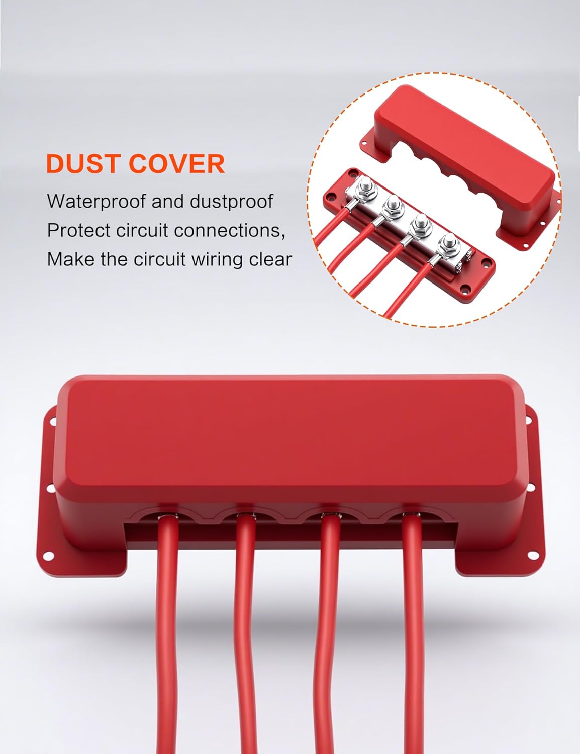 600A Heavy-Duty Bus Bar Nickel Plated Copper Distribution Terminal Block with Cover 4 M10 (3/8 in) Studs & 8 Screws Buss Bar for Solar RV Marine Car Audio 12-48V DC Battery System (Red)