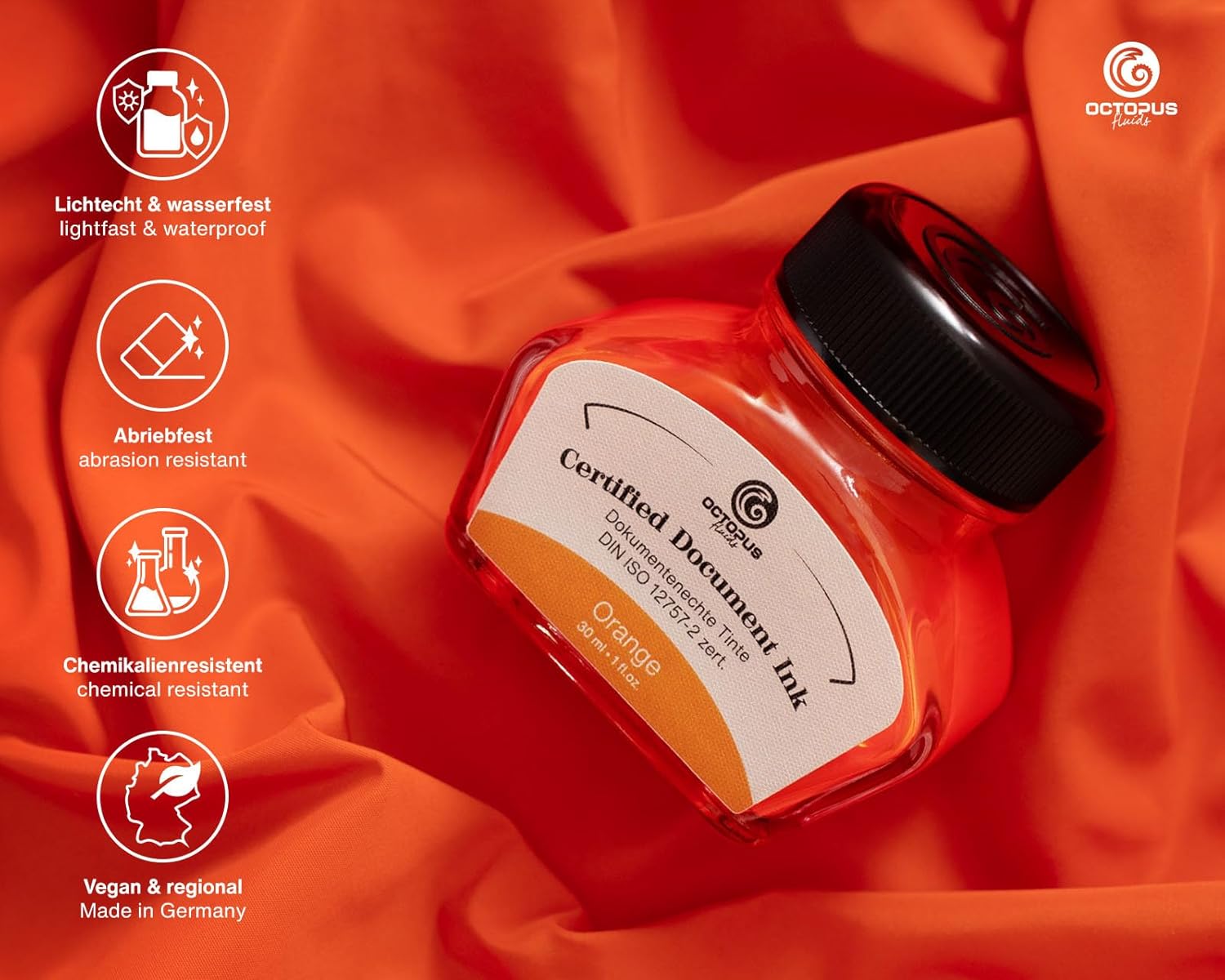 Octopus Fluids Document Ink Orange, Indelible, Certified to DIN ISO 12757-2, Orange, 30 ml
