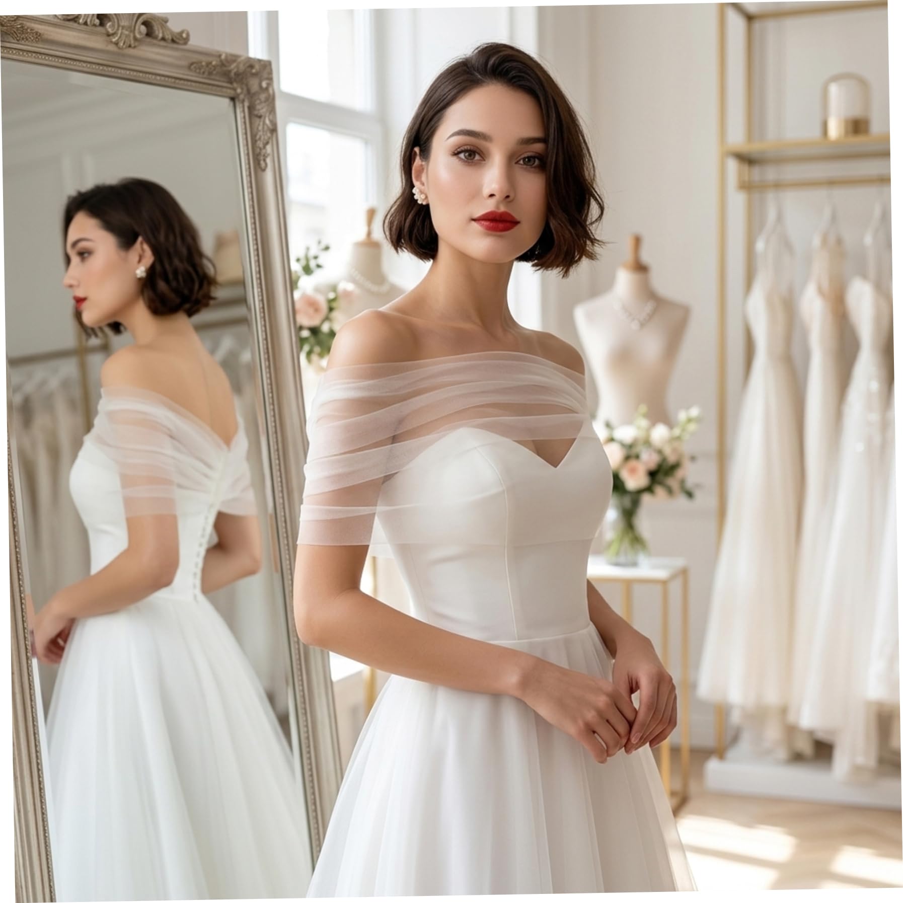 Scialle da sposa, elegante scialle trasparente con spalle scoperte e maniche staccabili, coprispalle in tulle per la sposa