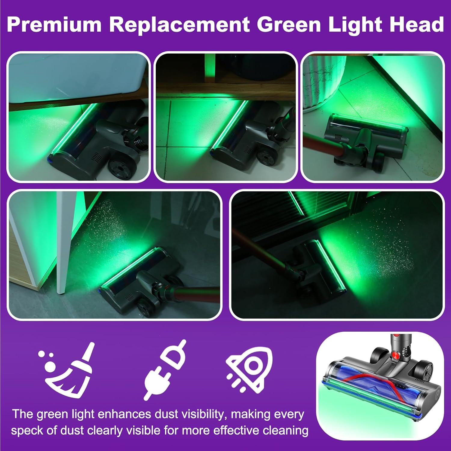 Lemige Upgraded 2 Brushes Vacuum Head Replacement Parts for Dyson V7 V8 V10 V11 V15 Cordless Vacuums, Quick-Release Anti-Tangle Motorhead with Full-Area LED Green Light and Soft Roller Cleaner Head