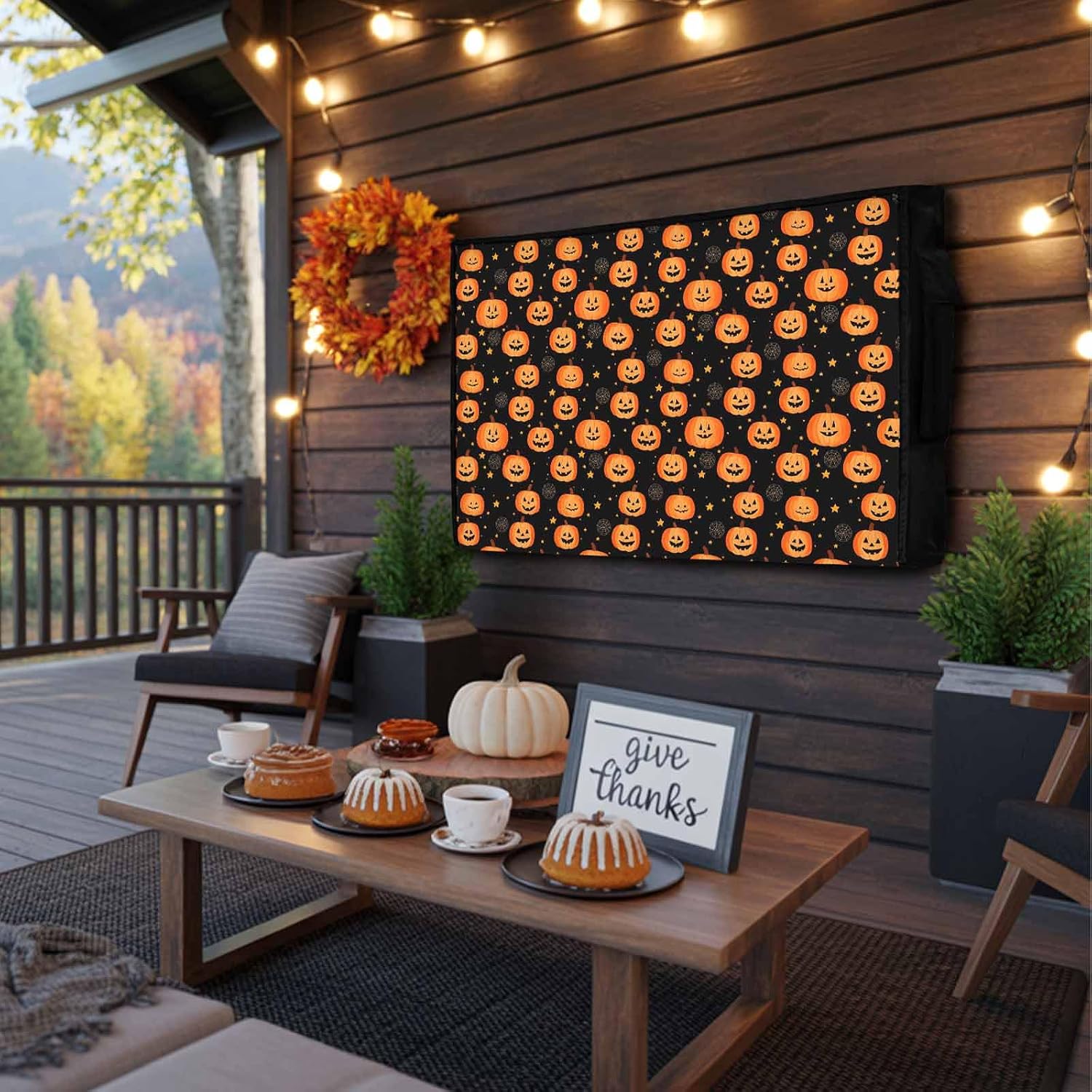 Halloween Outdoor TV Cover 55 Inch Orange Star Grimace Pumpkin TV Enclosure Black Cobwebs TV Covers for Outside TV Display Screen Protector with Remote Control Pocket Home Fall Decor