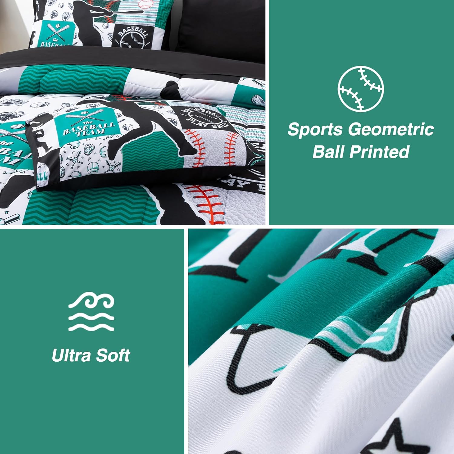 A Nice Night Sports Geometric Grid Black Patchwork Baseball Printed for Boys Full 6Pcs Bed in A Bag Comforter Bedding Set,Green