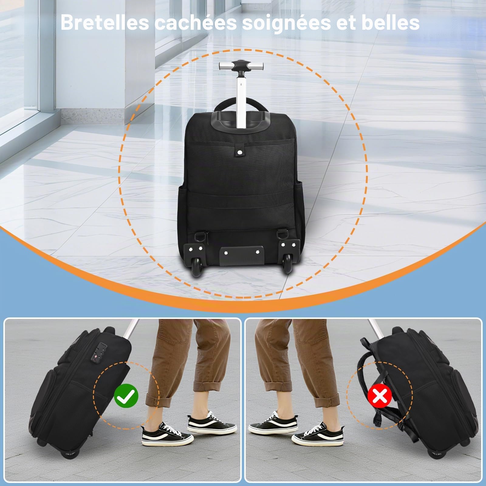 Hivexagon Sac à dos à roulettes protégé par mot de passe, sac à dos à roulettes étanche pour ordinateur portable de 21 pouces, sac d'affaires bagage à main, grande capacité, espace de rangement
