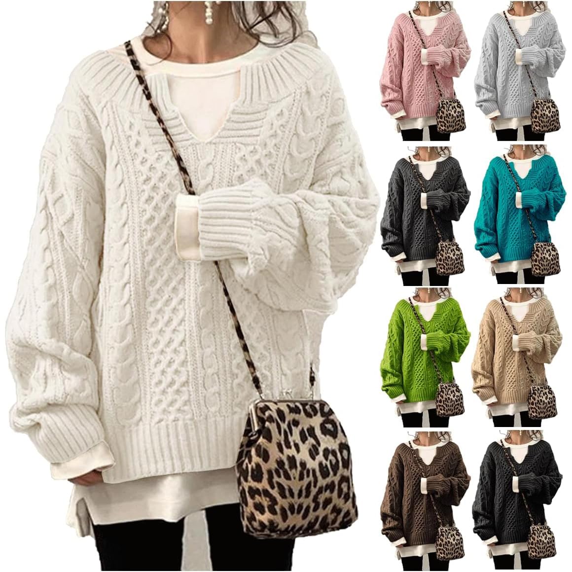 Maglione Invernale da Donna a Collo a V, a Maniche Lunghe, in Maglia a trecce Spessa e Calda, Modello Ampio e Comodo.