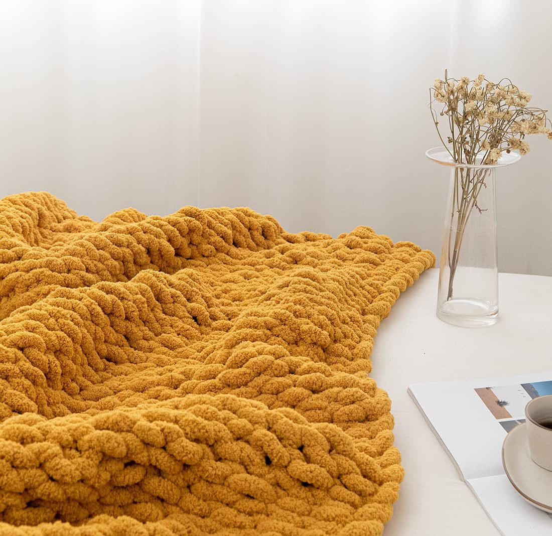 Chunky Knit Blanket Soft Chenille Yarn Knitted Throw Blanket 50"X60" Handmade Cable Warm Thick Giant Blanket for Couch Bed Trips (Turmeric Yellow, Throw 50"X60")?-¡­