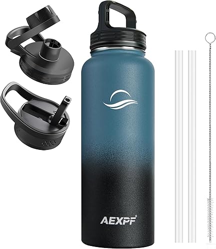 AEXPF Botellas de agua aisladas de 40 onzas, botellas de agua deportivas al vacío de acero inoxidable con 3 tapas, termo de metal duradero a prueba