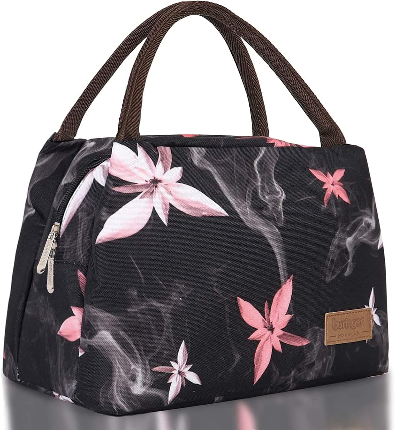 Buringer Reusable Insulated Lunch Bag Cooler Tote Box Meal Prep for Men & Women Work Picnic or Travel (Pink Flowers)