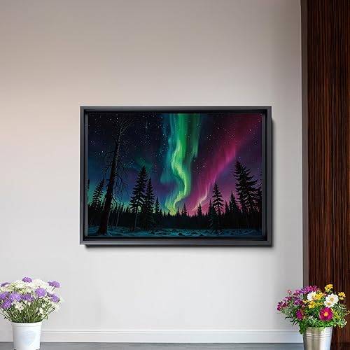 Miniatura 2 de Aurora Borealis, Northern Lights Art, framed canvas print, snow capped mountain landscape art, synthwave vaporwave, Canvas Art, Decor