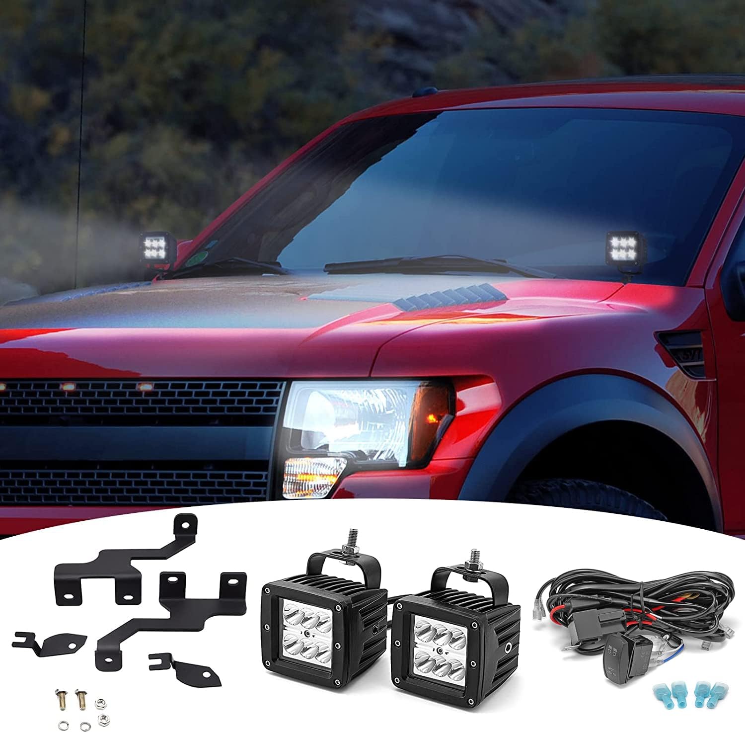 Dasen 2x 24W LED Work Lights & Left and Right Side Pillar Upper Hood Mount Brackets w/Wiring Kit Compatible with 2004-2014 Ford F-150 ＆ 2010-2014 SVT Raptor