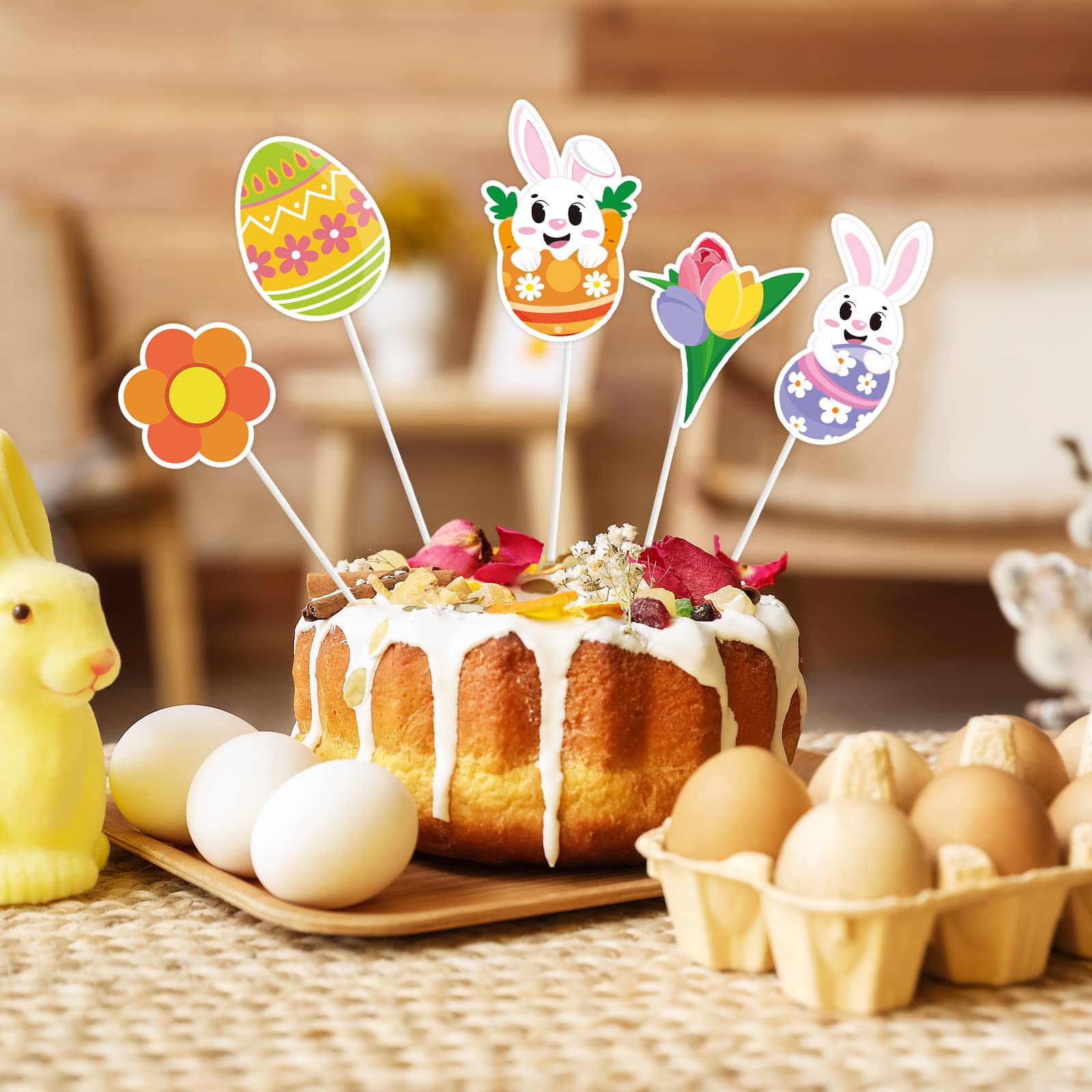 28 Stück Oster-Cupcake-Topper – Mit Hasen, Eiern & Frühlingsmotiven, Inkl. Klebepunkten