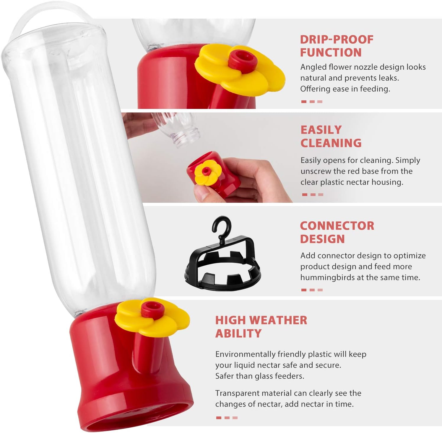 ORIENTOOLS Hummingbird Feeder with 2 Window Mount Suction Cup Accessories & 1 Connector, 2-Pack Mini Hanging Flower Bird Feeders for Outdoors, 2.2 oz/Pc