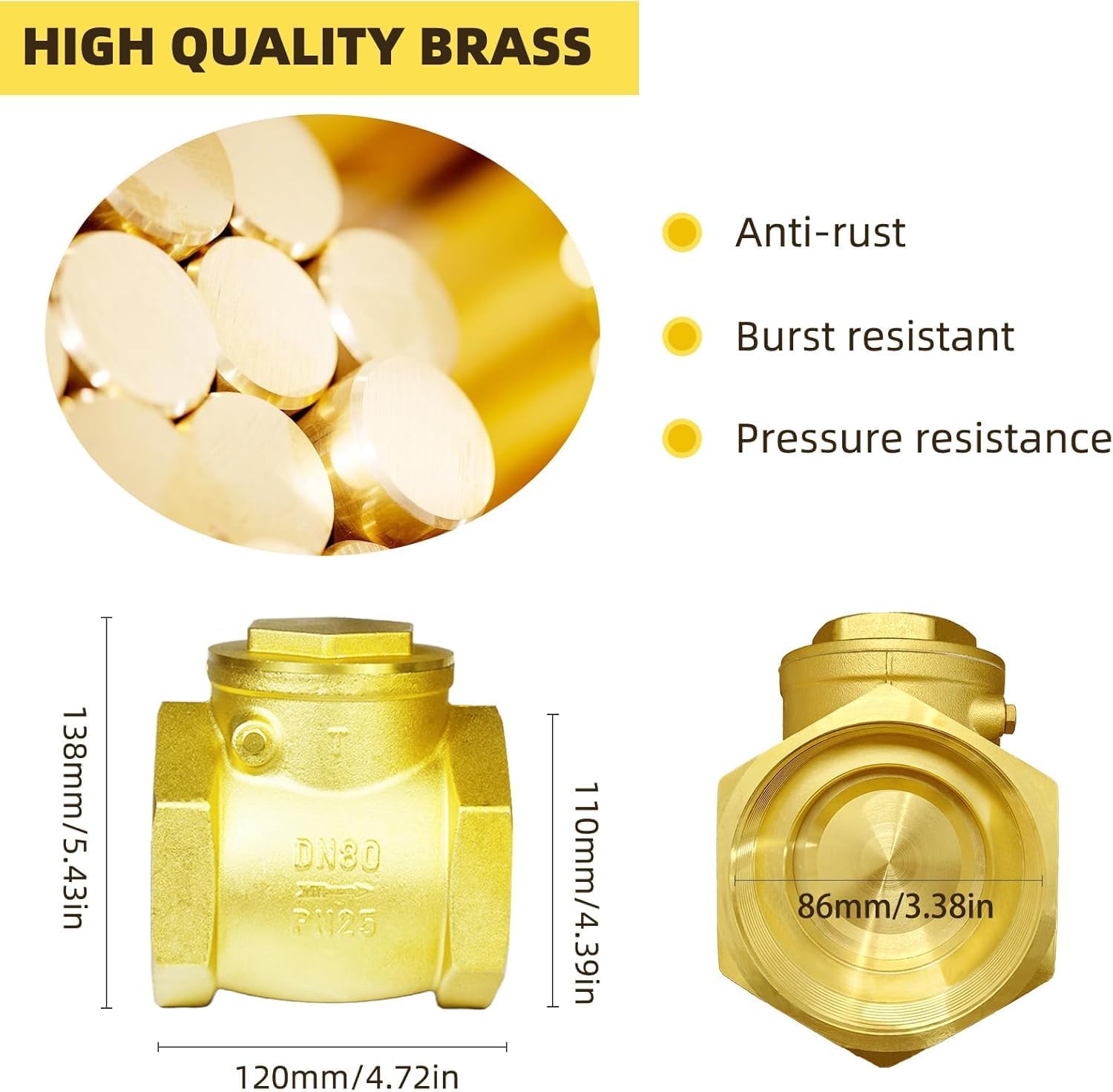 3"NPT Horizontal Brass Check Valve - Prevents Water Backflow, Suitable for Sewage Pumps & Air Compressors (DN80)