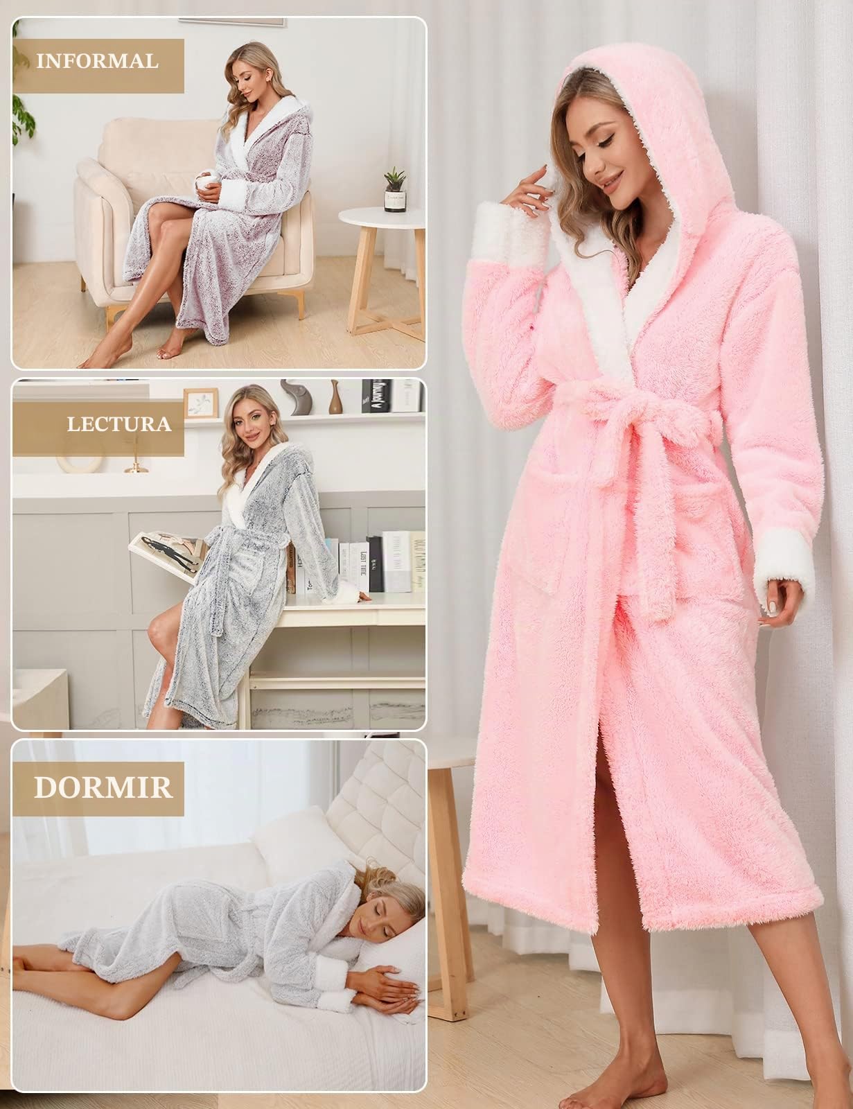 Voqeen Bata de Casa con Capucha de Forro Polar Mujer Invierno Albornoz de Felpa Suave y Esponjosa con Bolsillos Ropa de Descanso Perfecta, Regalos para Mamás y Señoras