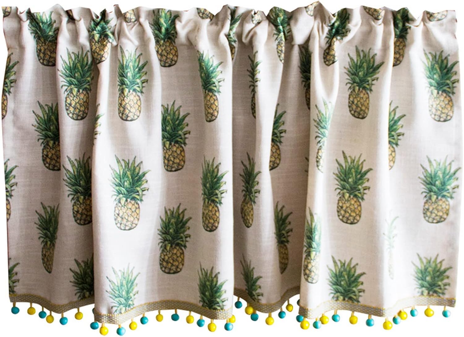 Short Curtain Tropical Plants Pineapple Pattern Cotton Linen Textured with Beads Tassels Window Treatment Valance Panel Drapes Half Curtain for Kitchen Café Cabinet Curtain Tier Curtain