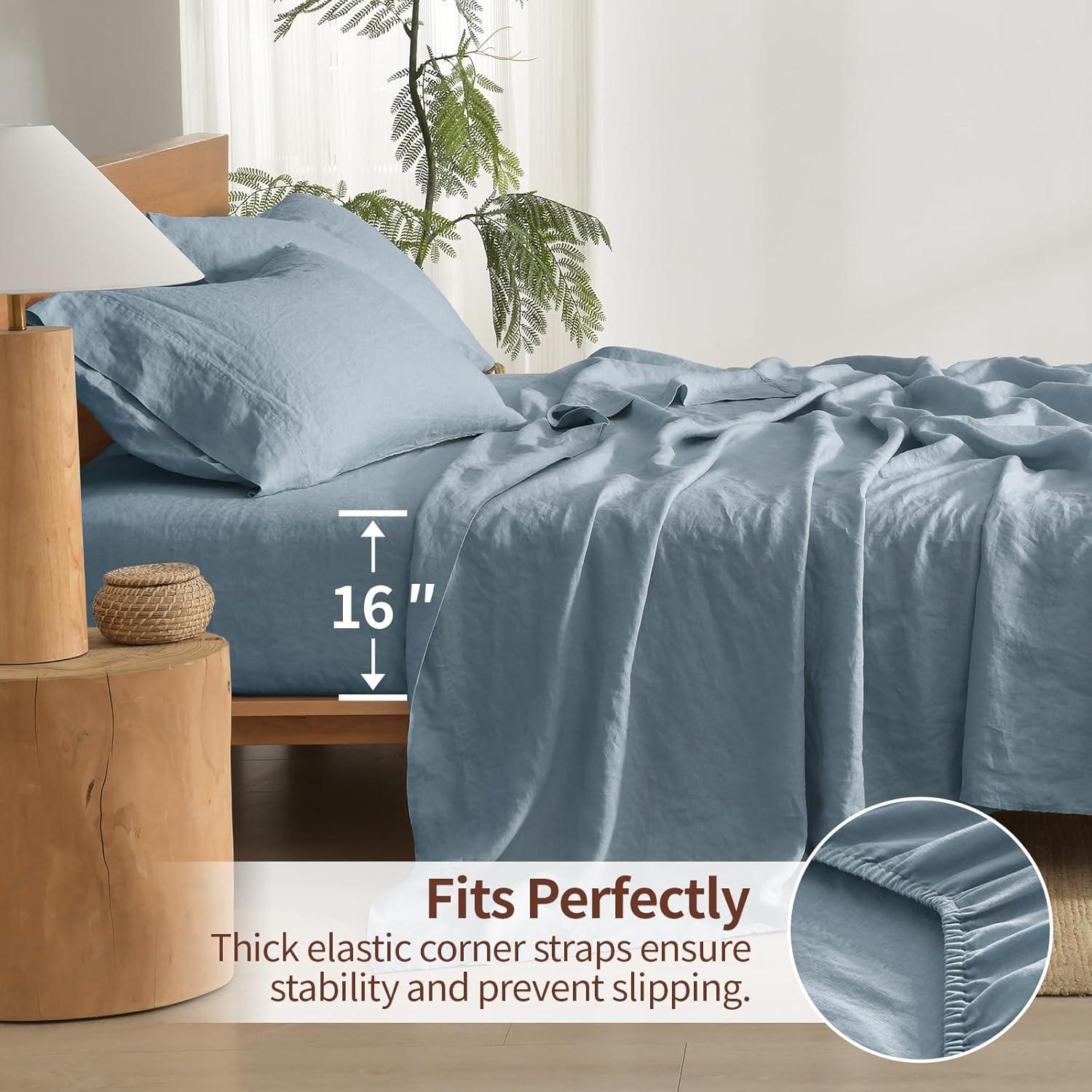 100% Linen Sheets King Size, 4 Piece Breathable & Cooling Natural Flax Linen Bed Sheets, Soft Durable and Tear Resistant, 16 Inch Deep Pocket, Blue